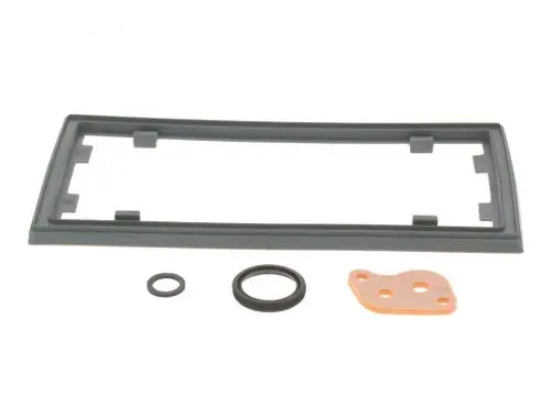 BOSCH Dichtungs-Set mit verschiedenen Dichtungen und einer Halterung. Enthält ovale und runde Dichtungen aus flexiblem Material.